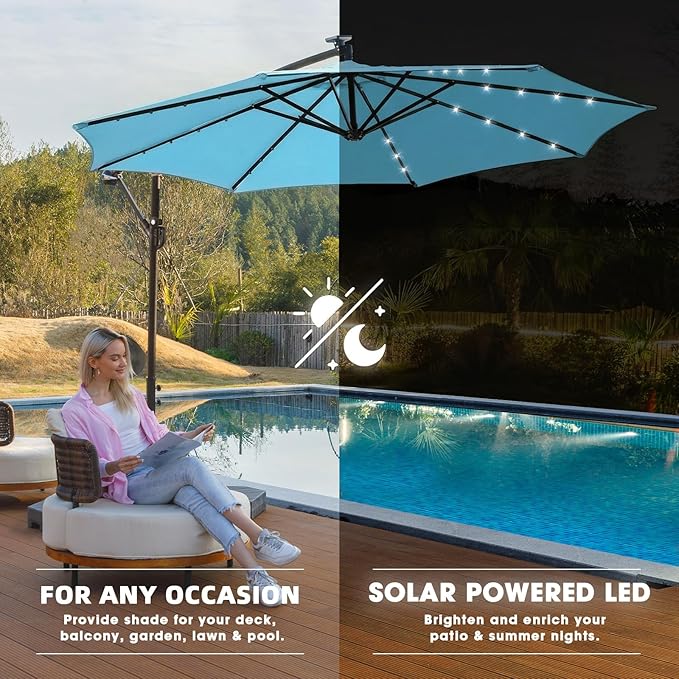 wikiwiki 10ft Solar LED Offset Patio Umbrella, Outdoor Cantilever Patio Umbrellas with Solor Lights for Backyard, Poolside and Garden, Easy Tilt Adjustment, 32 LED Lights & Polyester Shade, Sky Blue