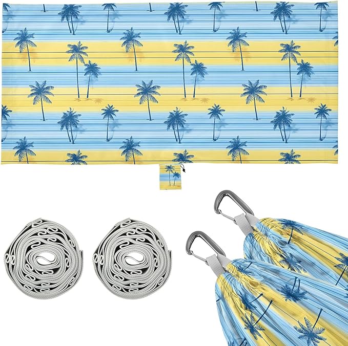 Camping Hammock Outdoor Hammocks for Outside Blue Stripe Palm Tree Beach Trees Portable Lightweight with Pockets Tree Straps Indoor