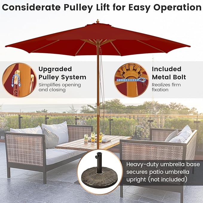 Tangkula 10FT Patio Umbrella, Outdoor Table Market Umbrella w/8 Wooden Ribs, 3 Adjustable Heights, Rope Pulley System, Detachable Pole, Wooden Patio Umbrella for Garden, Poolside, Backyard (Burgundy)