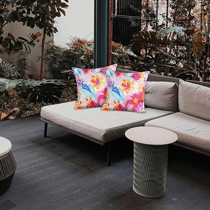 TAJWE Outdoor Pillow Covers 18x18 Inch Set of 2 White Floral Waterproof Throw Pillowcases Modern Farmhouse Decorative Square Cushion Cases for Patio Furniture Garden Bench Porch Decor
