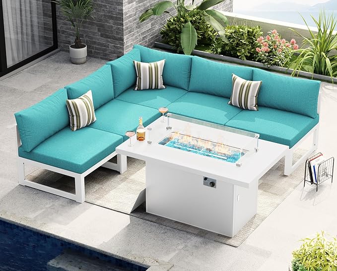 NICESOUL® 6 Piece Extra-Large White Aluminum Frame Outdoor Patio Furniture Set with Propane/Natural Gas Fire Pit Table, 29'' Deep Wide Seating Conversation Sofa, L Shaped Sectional Couch Set, Teal