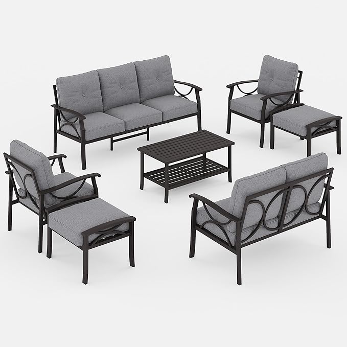 7-Piece Outdoor Patio Furniture Set, Outdoor Metal Sectional Furniture with Cushions, Outdoor Conversation Seating Set with Coffee Table for Balcony, Garden, Deck, Backyard, Grey