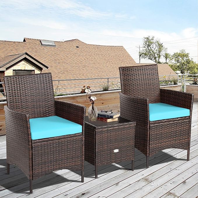 COSTWAY 3 Pieces Patio Rattan Furniture Set, Outdoor Wicker Cushioned Sofa with Tempered Glass Tabletop, Rattan Conversation Set for Porch Yard Balcony Backyard Pool, Turquoise