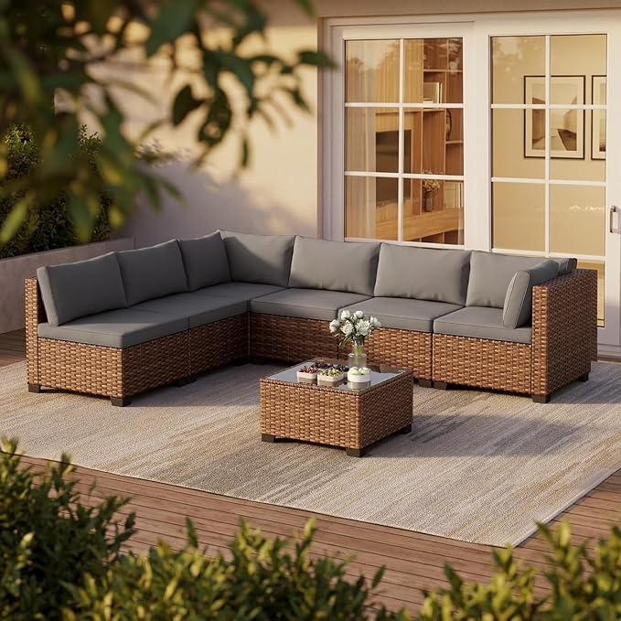 7 Pieces Wicker Patio Conversation Set Grey Outdoor Sectional Rattan Sofa Set Patio Furniture Sets with Cushions and Glass Coffee Table for Balcony Porch Garden