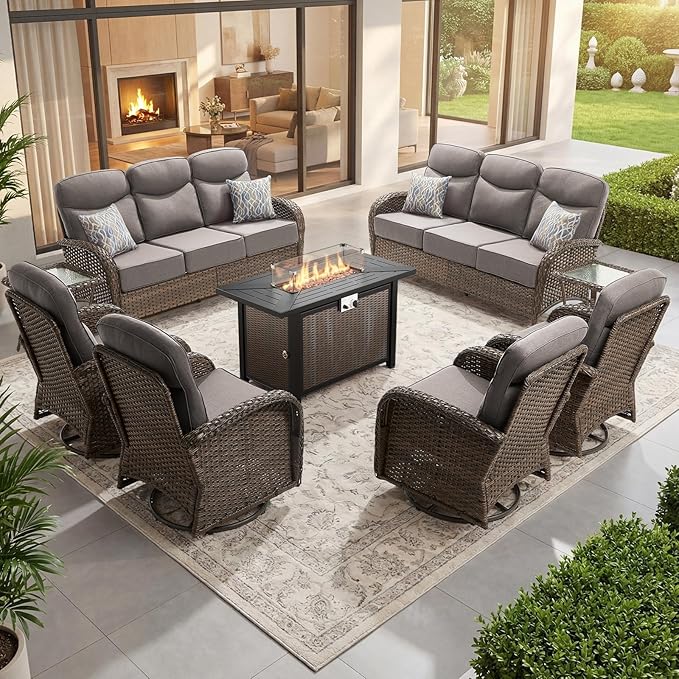 Outdoor Swivel Rocking Chair Patio Set (9pcs) High-Back - Thick Cushion Swivel Rocking Chair Patio with Fire Table Set, All-Weather Wicker Patio Furniture Set, Suitable for Balcony Patios, Brown/Gery