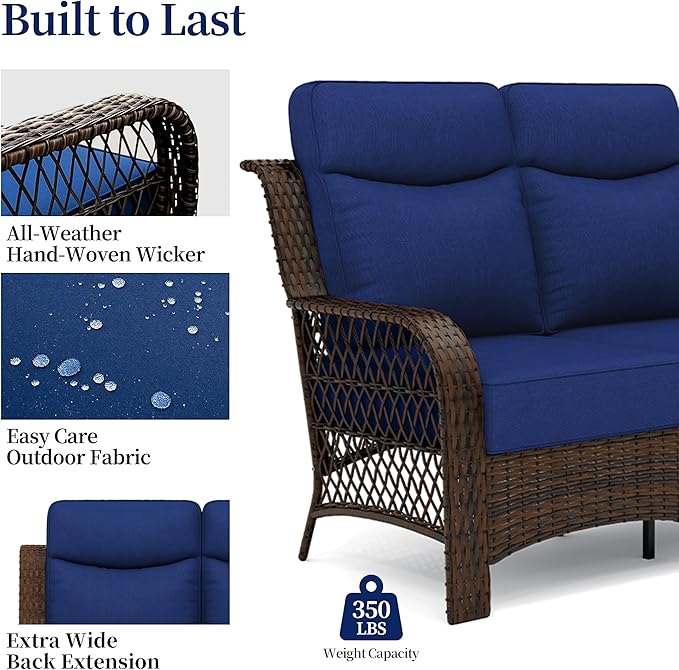 PIZZELLO 4 Pieces Patio Furniture Set w/ 5" Cushions and 25" Full Support Back, Outdoor Loveseat Couch, Swivel Rocker Patio Chairs and Side Table, Wicker Sectional Conversation Set for Backyard