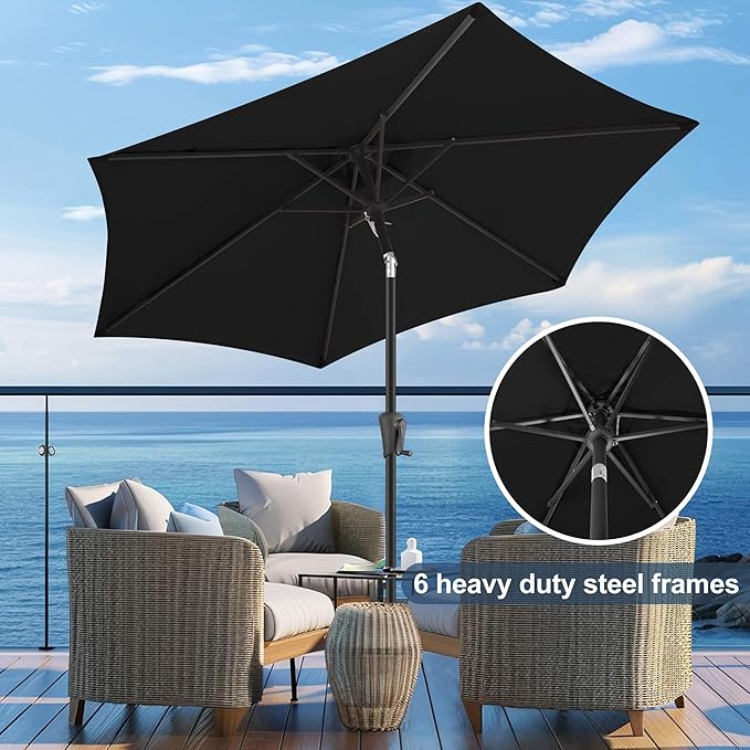 FLAME&SHADE 9ft Patio Umbrella Outdoor - Table Umbrella with Push Button Tilt and Crank, UV Protection, 6 Sturdy Ribs, Market Umbrella for Garden, Deck, Backyard, Lawn, Pool and Beach(Black)