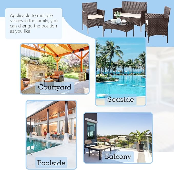 JAMFLY 4 Piece Outdoor Patio Furniture Set, PE Wicker Conversation Kit with Tempered Glass Table, All-Weather Seating for Small Porch, Balcony & Poolside, Washable Cushions, Brown