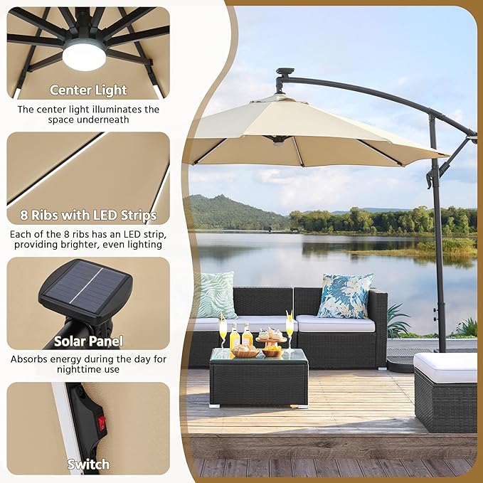 Yaheetech 10 FT Solar Powered LED Patio Umbrella Outdoor Cantilever Umbrella, UV Protection & Windproof, Offset Hanging Sunshade w/Strip Lights & Hub Light for Backyard Garden Pool