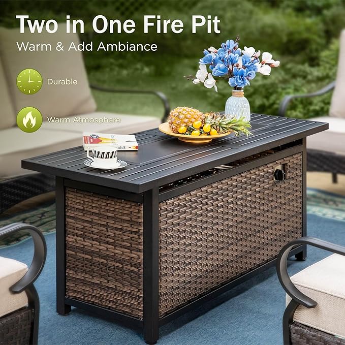 PHI VILLA Patio Furniture Set with 56" Fire Pit Table, Premium Outdoor Wicker Metal Frame Furniture with Upgraded Waterproof Thick Cushions for Porch, Poolside, Deck, and Yard （4 Pieces,Red