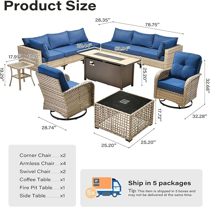 11 Pieces Outdoor Sectional Patio Furniture Set with 54" Fire Pit,Wicker Conversation Sets Rattan L Shaped Couch Swivel Rocking Chairs,Modular Outdoor Sofa for Porch Balcony Backyard Navy Blue