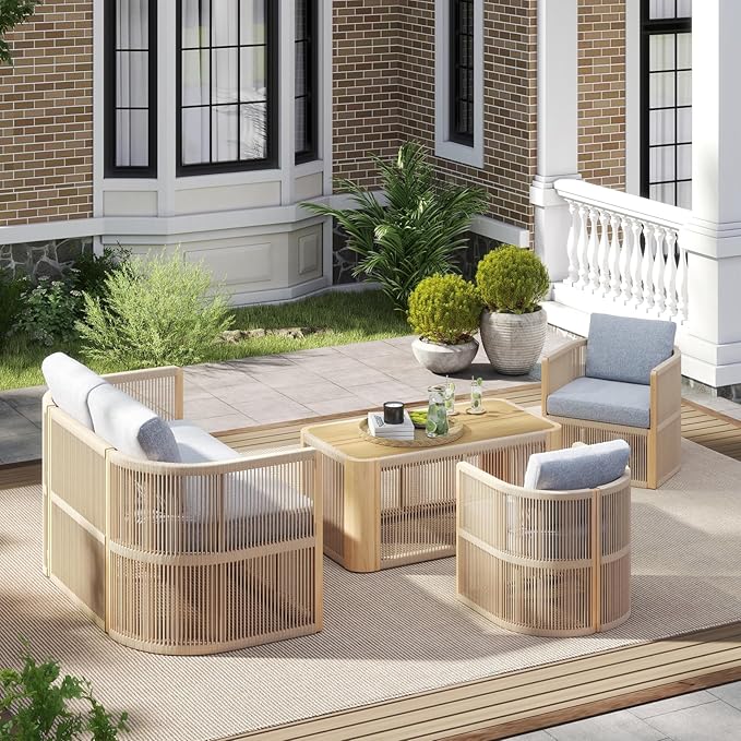 2-Seater Rope Sofa Set with Table, Outdoor Loveseat Patio Rope Chairs Set of 2, Rope Patio Furniture Set, Outdoor Deck Chair with Cushions, Aluminum Outdoor Sofa Sets in All Weather, Grey