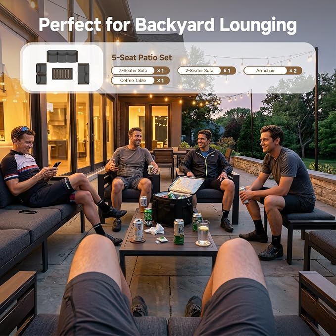 Outdoor Aluminum Patio Furniture Set, 7 Seat 5 Pieces Rust-resistant Patio Conversation Sets with 28D Thick Washable Cushions and Coffee Table, Oversized Metal Sectional Sofa Set for Backyard
