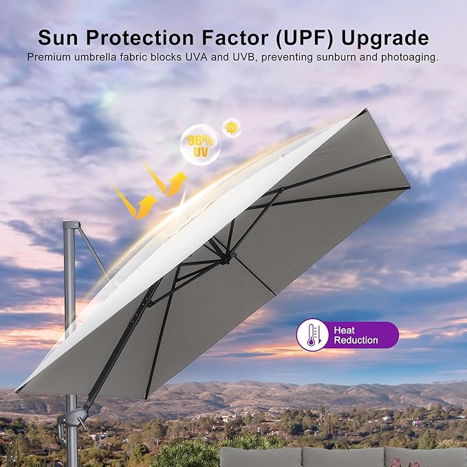 PURPLE LEAF Patio Umbrella 10' X 10' Rectangle Cantilever Umbrella Large Aluminum Outdoor Umbrellas with 360-degree Rotation & UPF40+ Premium Fabric for Deck Pool Garden Yard, Pebble Grey