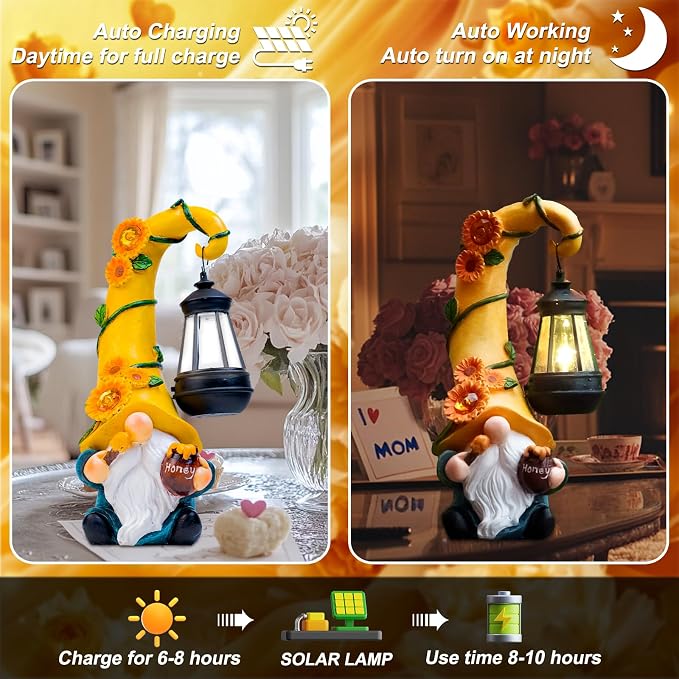twinbling Birthday Gifts for Women Mom Garden Gnome Statue | Solar Lights Large Garden Sculptures Funny Bee Gnome Outdoor Patio Lawn Yard Garden Decor 12 in Summer Gnomes Outdoor