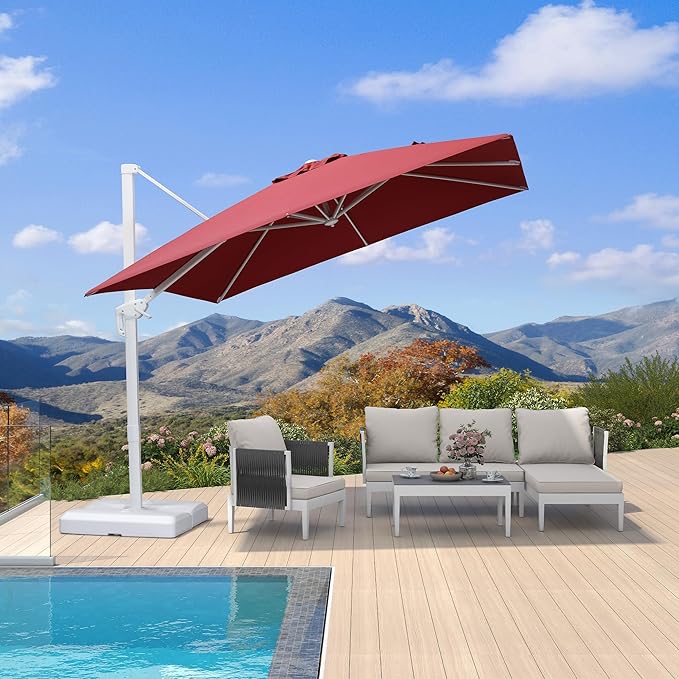 PURPLE LEAF 9 FT Patio Umbrella White Cantilever Umbrella Aluminum Square Outdoor Offset Umbrella Hanging Windproof with 360° Rotation for Garden Deck Pool, Red