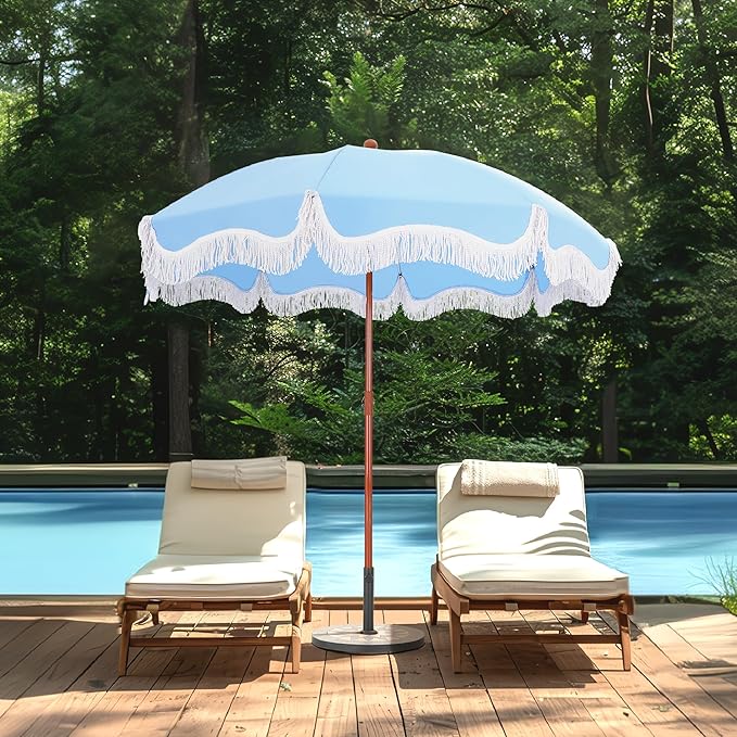 MFSTUDIO 7ft Beach Umbrella with Fringe, Tassel Umbrellas UPF50+ with Tilt Button & Crank, Holiday Outdoor Umbrella with Carry Bag, Ideal for Garden Lawn Poolside, Blue