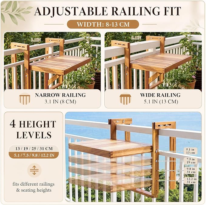 Colingmill 2 Set 22 Inch Balcony Hanging Table, Acacia Wood Foldable Railing Table Adjustable Height & Width, Outdoor Balcony Desk for Coffee, Laptop, Breakfast, Suit for Small Spaces Patio Deck Porch