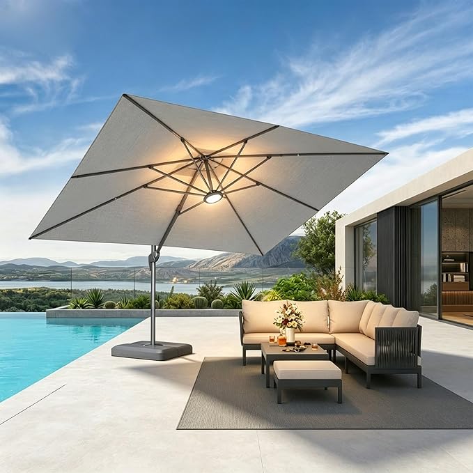PURPLE LEAF Patio Umbrella 10' X 13' Rectangle Umbrella with Central Lights and Base Large Aluminum Outdoor Umbrellas with 360-degree Rotation & UPF40+ Fabric for Deck Pool Garden Yard, Pebble Grey