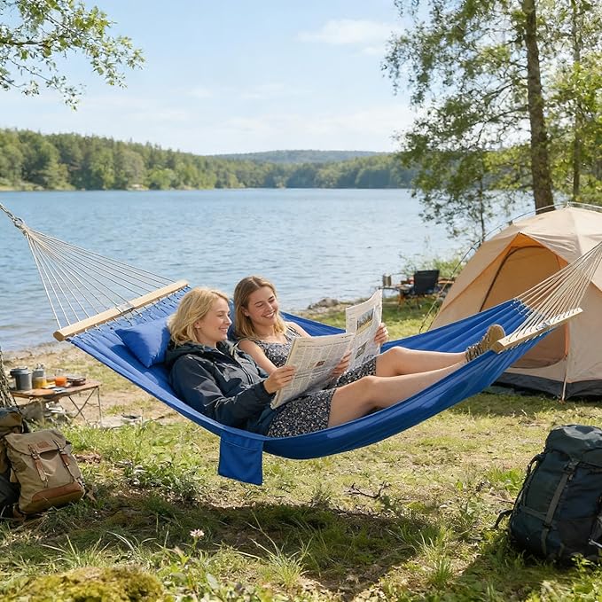 2-Person Tree Hammock Outdoor, Portable Double Hammock Without Stand, Detachable Headrest Magazine Pocket, 450 lbs Capacity, Camping Patio Backyard Indoor Outdoor Hammock Bed (Navy Blue)