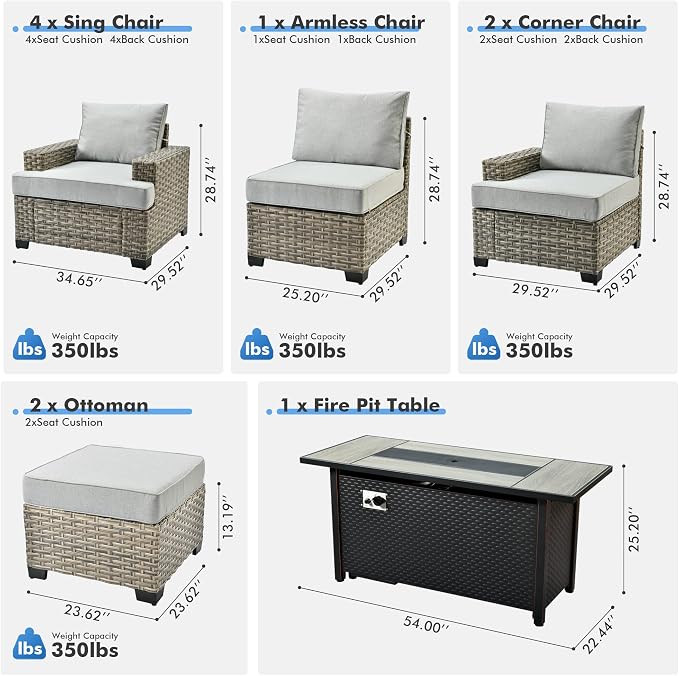 10 Pcs Outdoor Sectional Patio Furniture Set with Fire Pit Table - All Weather Wicker Modular Outside Sectional Couch,Patio Seating Outdoor Conversation Sets for Deck Yard Garden,Grey