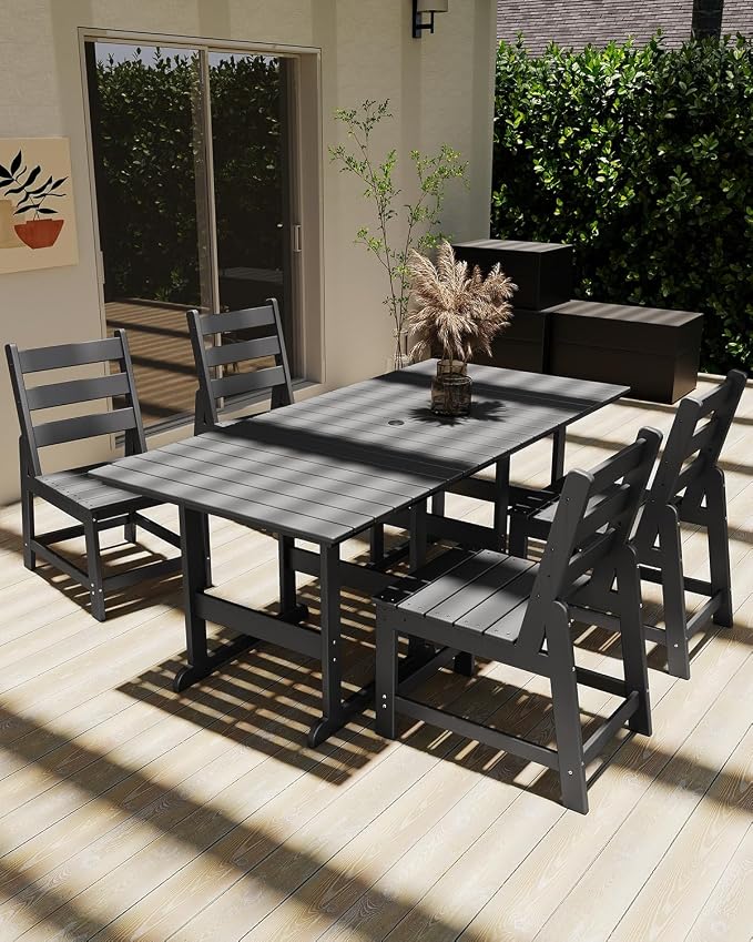 GREENVINES 5-Piece-Outdoor-Table-and-Chairs | HDPE | Patio Furniture | Slatted Dining Sets for 4 | Armless Chair | Connectable Tables | All Weather | for Backyard Poolside Garden | Grey