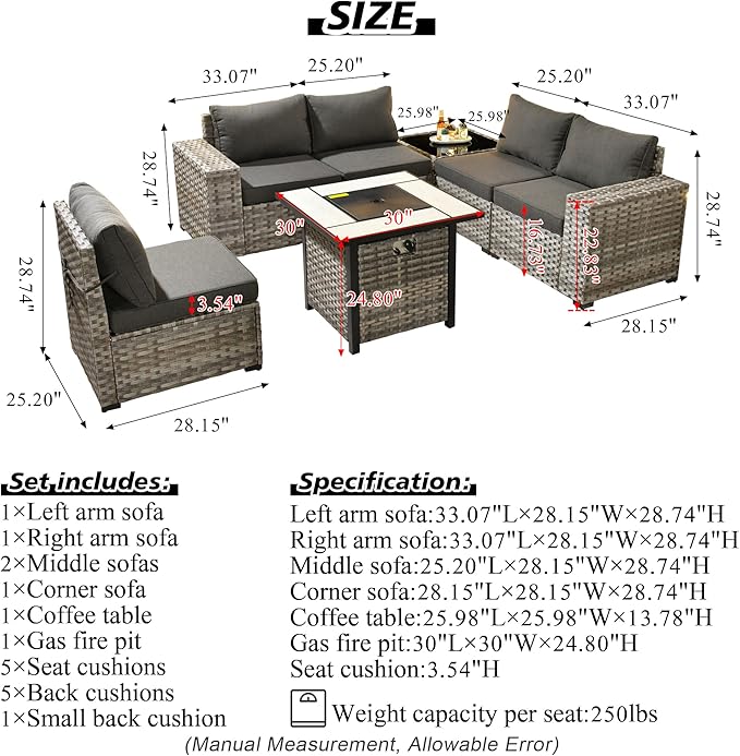 HOOOWOOO Outdoor Patio Sectional Furniture Sofa Set with Propane Gas Fire Pit Table,7 Piece Small Modern Wicker Couch with Widened Armrest,Modular Conversation Seating Set for Out Door(Black)