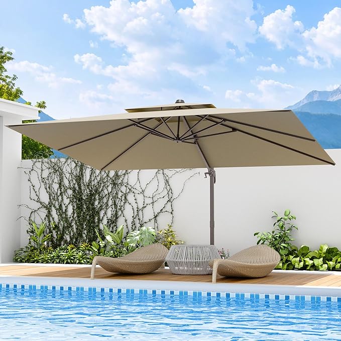 9x12 FT Patio Umbrella, Large Cantilever Rectangular Double Top Heavy Duty Offset Umbrellas with 360° Rotation, Outdoor shade for Garden Deck Pool, Tan