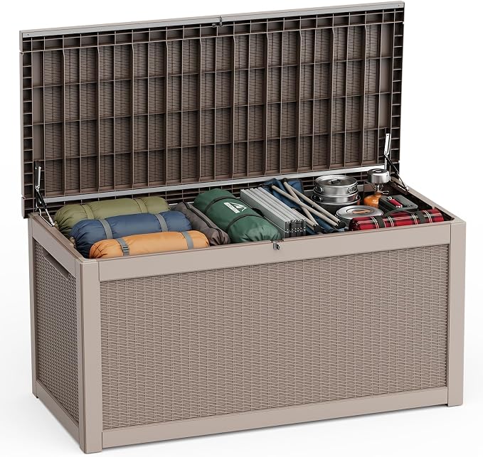 Waterproof Outdoor Storage Box Outside Deck Box Lockable Resin Bench UV Resistant Furniture Cushion Pool Tool Float Bin Patio Garden Porch (Grey, 320 Gallon)