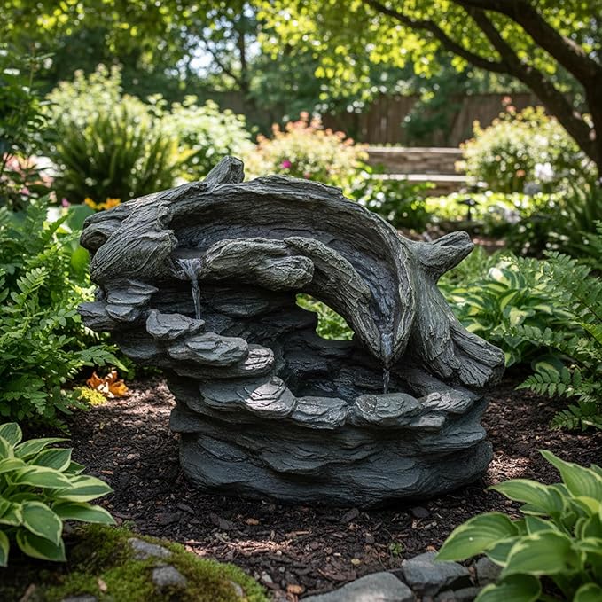 27" Faux Wood and Rock Outdoor Garden Water Fountain