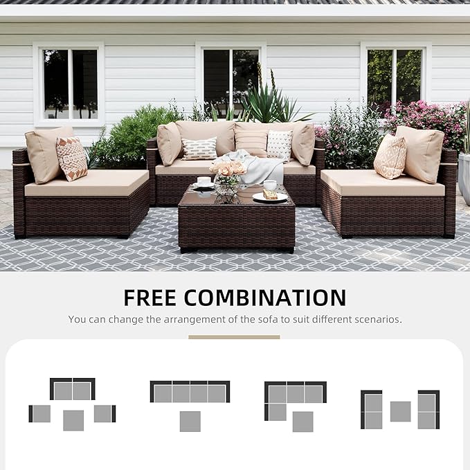 UPHA 5 Pieces Patio Furniture Sets, Wicker Outdoor Sectional Sofa Couch with Coffee Table, Patio Conversation Set for Deck Backyard Garden, Brown Rattan, Beige Cushion