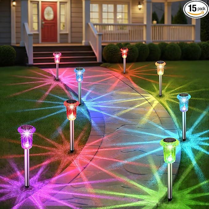 Eyrosa Solar Outdoor Lights, 15 Pack Solar Pathway Lights Outdoor Waterproof, Stake Lighting for Garden Yard Path Walkway Driveway Patio Lawn Decor,Color Changing