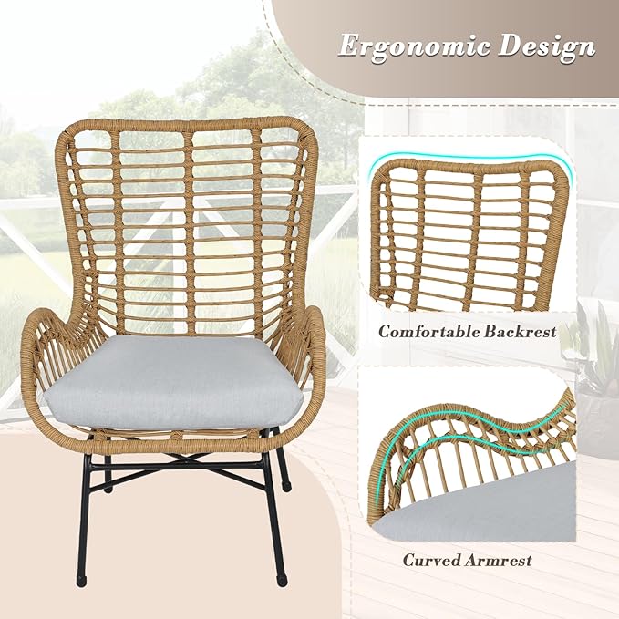 Athena Collection Patio Bistro Sets, 3 Piece All Weather Furniture Set Outdoor Conversation Set Glass Table and Rattan Chairs Set with Soft Cushions for Garden, Poolside, Backyard, Gray