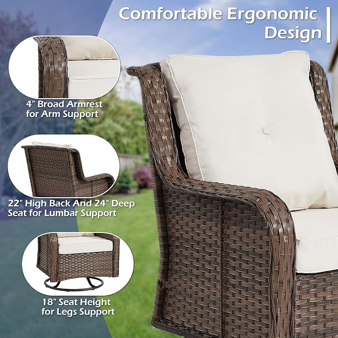 Wumiokio Patio Furniture Sets, 3 Pieces Wicker Outdoor Furniture - 360 Degree Swivel Rocking Chairs and Rattan Side Table for Garden,Porch,Backyard (Brown Wicker/Beige Cushion, 3PCS - Swivel Chairs)