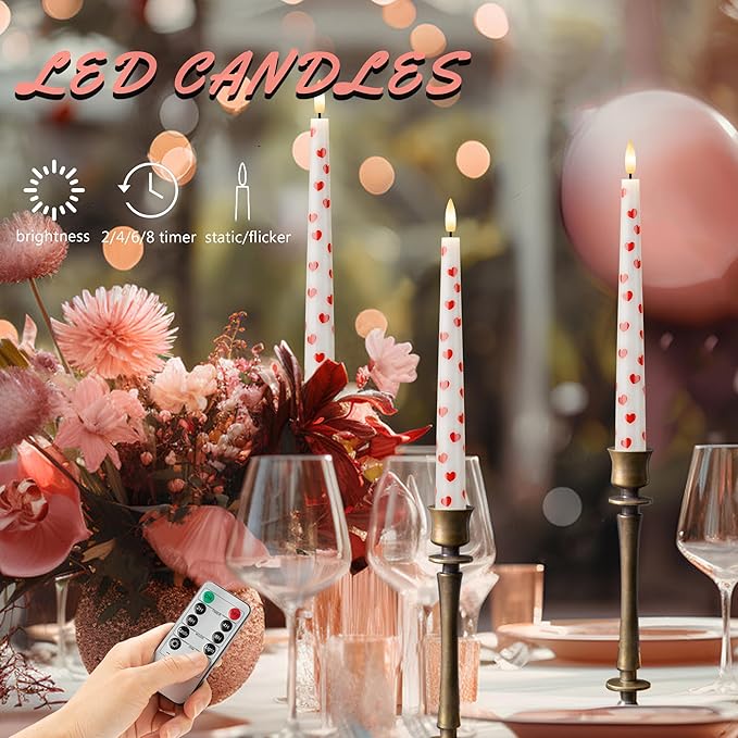 Valentine Day Flameless Taper Candles with Heart, 9.6" Real Wax LED Candles with Remote, 3 Pack Flickering Battery Operated Candlesticks for Proposal Wedding Anniversary Romantic Night