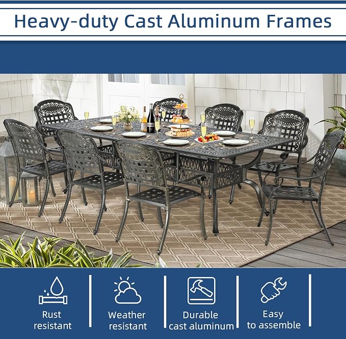 9-Piece Patio Cast Aluminum Dining Set, Outdoor Table and Chairs Set for 8, Includes 94.5" Rectangular Dining Table and 8 Chairs with Umbrella Hole, Patio Furniture Set for Lawn Garden