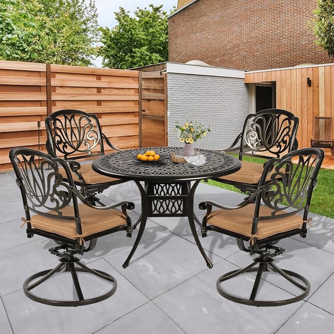 5 Piece Patio Dining Set, Outdoor Table and Chairs Set for 4 Cushioned Swivel Rocking Chairs and 35.4'' Round Table, All-Weather Cast Aluminum Patio Funiture Set, 2'' Umbrella Hole