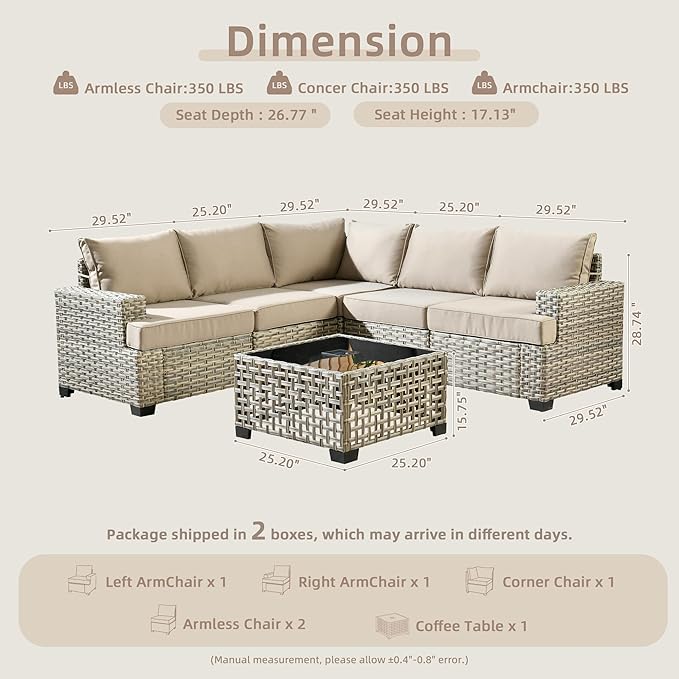 6 Pieces Outdoor Sectional Patio Furniture Set,Wicker Conversation Sets L Shaped Couch,Outdoor Sofa Outside Furniture with Solar Table Light(Beige)