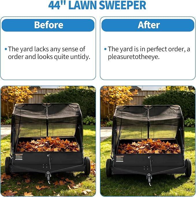 48" Tow Behind Lawn Sweeper, 16 cu. ft Capacity Leaf & Grass Collector-Adjustable Sweeping Height, Dumping Rope Design for Efficient Debris & Grass Cleanup on Yards, Driveways & Sidewalks