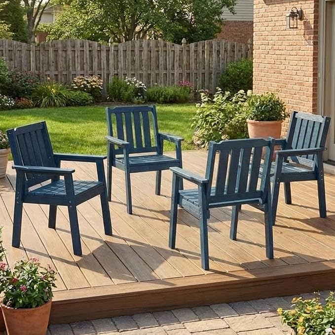 GAOMON Outdoor Patio Dining Chairs Set of 4, All-Weather HDPE Garden Dining Chairs with Armrests, Wide Seat and Sturdy Frame,Waterproof Design, for Garden, Backyard, Deck, Navy Blue