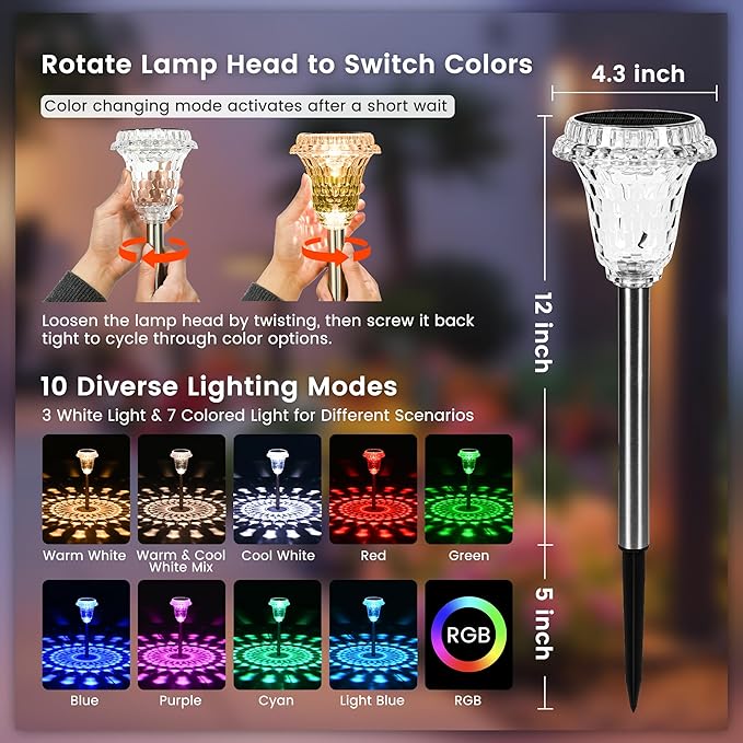 Solar Lights Outdoor Pathway Waterproof, Multicolor Decorative Garden Lights for Walkway Driveway Yard Lawn, Acrylic Solar Powered Landscape Path Lights, 10 Modes (3 White&7 Diverse Colors), 4 Pack