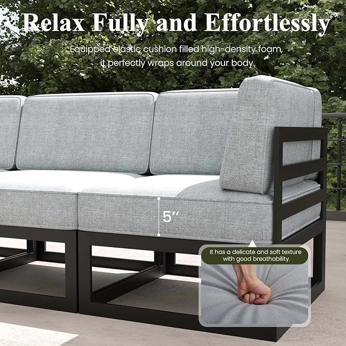 LayinSun Large Aluminum Patio Furniture Set with Fire Pit Table, 6 Pieces Modern Outdoor Conversation Set Sectional Metal Sofa Set with Olefin Cushion