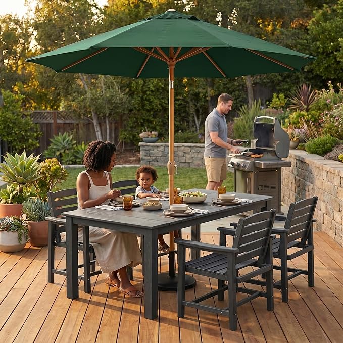 9ft Outdoor Patio Umbrella, Market Table Umbrella with Crank and Easy Push Button Tilt, Wood Grain Frame, UPF 50+ for Pool, Garden, Deck, Backyard