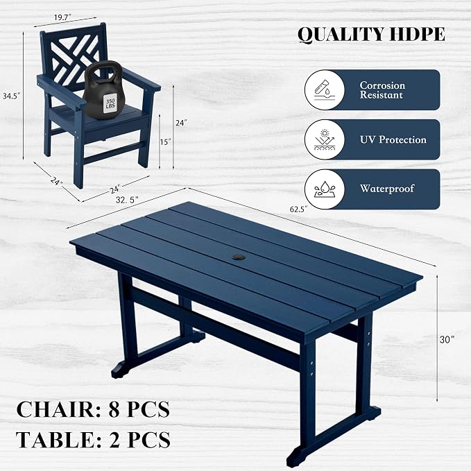 HDPE Outdoor Dining Set,10-Piece Outdoor Table and Chairs Include 8 Dining Chairs and 2 Pcs 62.5" Patio Dining Table with Umbrella Hole (Blue)