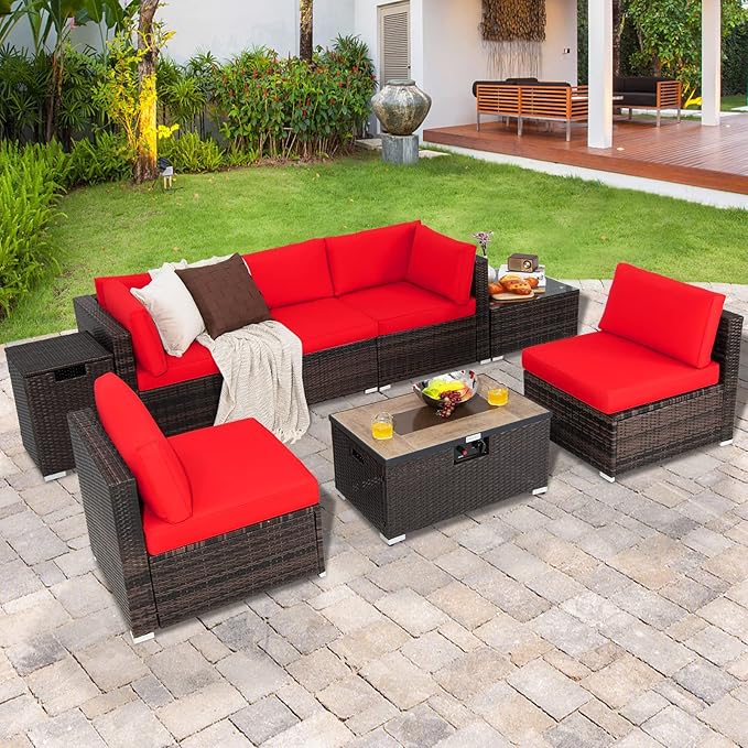 Tangkula 8 Piece Outdoor Wicker Sofa Set, Patio Rattan Conversation Set w/32” Propane Fire Pit Table & Tank Holder, 40,000 BTU Heat Output, Cozy Seat & Back Cushions, Fire Pit PVC Cover (Red)