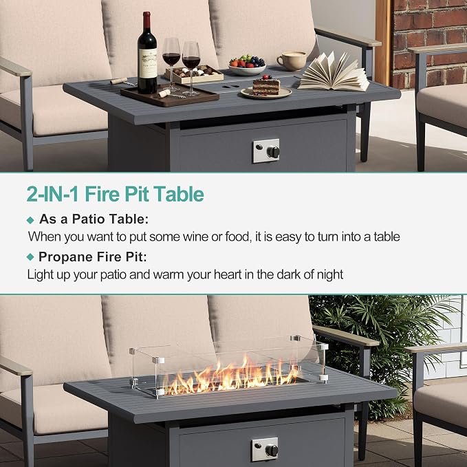 Aluminum Outdoor Patio Furniture Set with Swivel Rocking Chairs 11-Seat, Patio Sectional Sofa with Ottomans Patio Conversation Set with 55,000 BTU Fire Pit Table & High Backrest, Sand