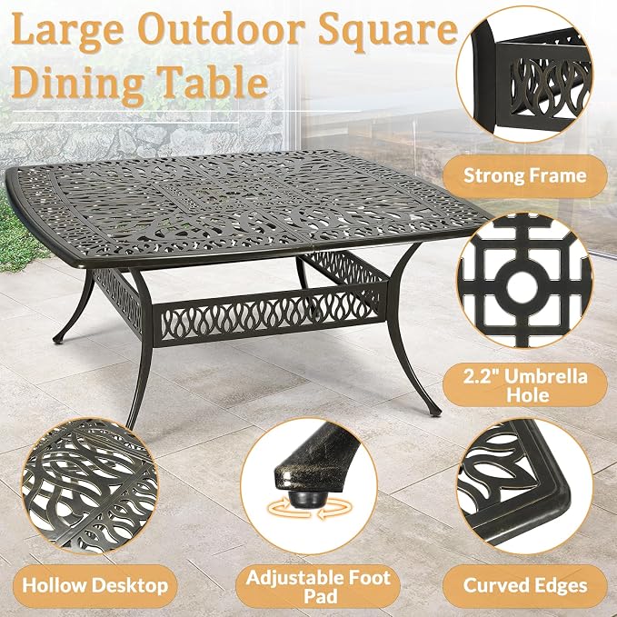 9 Piece Outdoor Patio Dining Set for 8, Cast Aluminium Large Square Dining Table & 2 Swivel Rocker Chairs, 6 Stationary, 8 Cushions, Umbrella Hole, Patio Furniture Set for Garden, Ocean Blue
