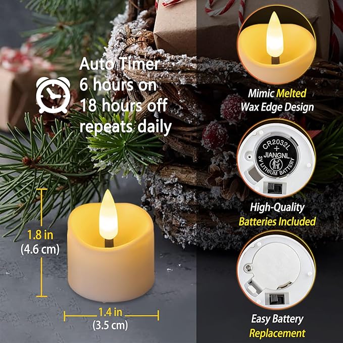 24 Pack LED Timer Tea Light Battery Operated, Flameless Flickering Votive Tealight Timer Candles, Small Electric Flicker Fake Candle Bulk for Christmas Party Halloween Pumpkin Light Decorations