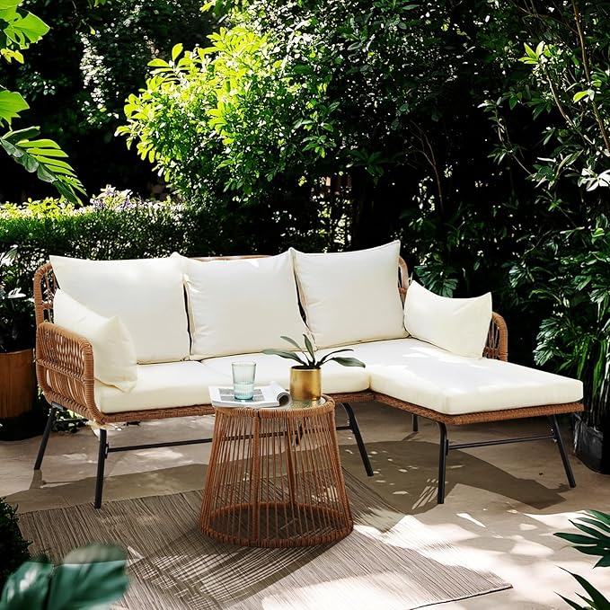 Bezseller 3-Piece Outdoor Patio Furniture Set, L-Shaped Rattan Sectional Sofa with Thick Cushions, Glass Coffee Table – All-Weather Conversation Set for Backyard, Porch, Poolside