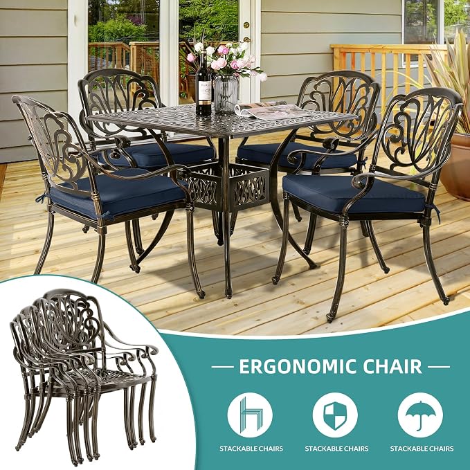 MEETWARM 5-Piece Outdoor Patio Dining Set, All-Weather Cast Aluminum Patio Conversation Set for Backyard Garden Deck with 4 Chairs, 4 Cushions and 35.4" Square Table, 2.2" Umbrella Hole, Navy Blue